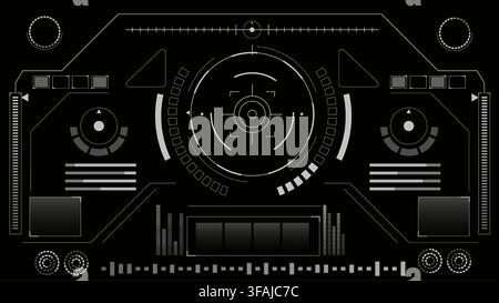 Realistic spaceship control dashboard ui with holographic tech frames, military targeting system, futuristic hud interface elements on black background, vector illustration of game panel design Stock Vector