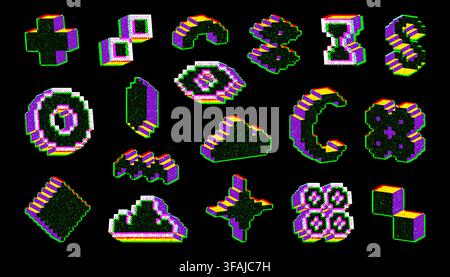 Retro pixel art glitch icons, 3d acid color elements, y2k aesthetic stickers or game graphics on background. Digital 8 bit style vector characters of cloud, eye, arrow symbol, trendy brutalist designs Stock Vector