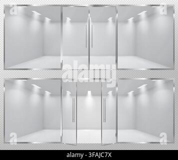 Modern glass storefront with open, closed door, clear window panels and steel metal handles, display background. Realistic 3d vector shop entrance mockup, empty showcase for retail business facade Stock Vector