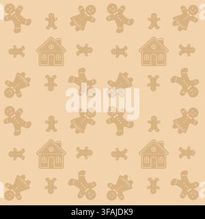 Playful pattern with scattered gingerbread cookies and houses in soft neutral palette. Stock Vector