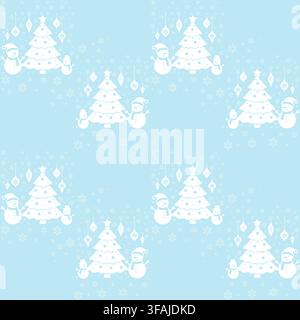 Minimal seamless pattern with Christmas trees, snowmen and soft snowflakes. Stock Vector