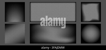 Set of black vignette effects with gradient fade on transparent background. Vector realistic illustration of dramatic shadow overlay for photo frames and vintage design projects with dark borders Stock Vector
