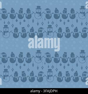 Horizontal repeating pattern with snowmen and ornaments in Scandinavian style. Stock Vector