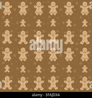 Dense seamless pattern with gingerbread men and snowflakes in warm brown tones. Stock Vector