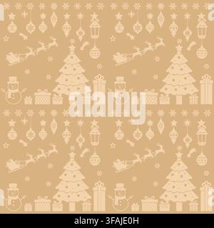 Cozy seamless pattern with Christmas tree, presents, snowman and festive elements. Stock Vector