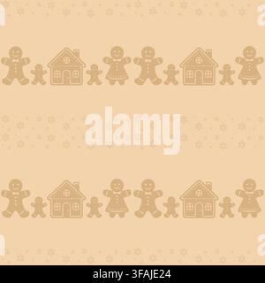 Seamless pattern with gingerbread figures and houses arranged in horizontal decorative lines. Stock Vector
