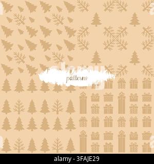 Set of minimal seamless Christmas patterns with trees, gifts and abstract winter elements in warm neutral tones. Perfect for wrapping paper, textile a Stock Vector
