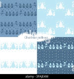Set of seamless winter patterns with snowmen, Christmas trees and snowflakes in soft blue tones. Scandinavian-inspired minimal design ideal for textil Stock Vector