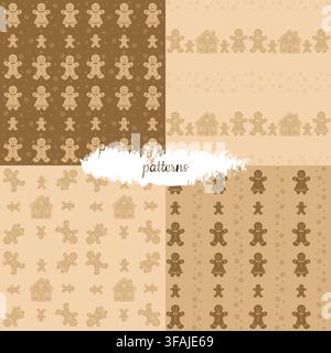 Set of seamless Christmas patterns with gingerbread cookies, houses and snowflakes in warm neutral tones. Perfect for wrapping paper, textile, nursery Stock Vector