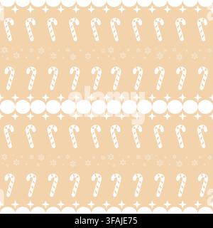 A delicate and elegant seamless pattern featuring white candy canes, stars, and snowflakes on a warm beige background. Perfect for holiday wrapping pa Stock Vector