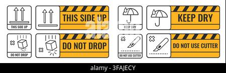 Set of delivery box stickers with shipping caution symbols. Vector illustration of package care labels with line signs and warning text, shipment service icons for valuable cargo, handling pictograms Stock Vector