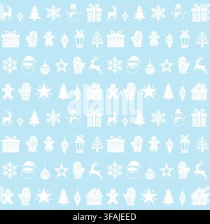 Soft winter seamless pattern with holiday icons in pastel blue palette. Stock Vector