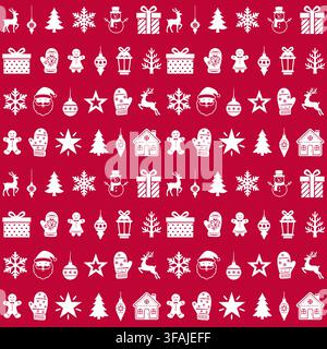 Classic festive seamless pattern with Christmas icons in traditional red and white colors. Stock Vector
