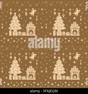 Warm seamless Christmas pattern with tree, fireplace and winter decorations in earthy palette. Stock Vector