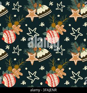 Seamless Christmas pattern featuring gingerbread cookies, cakes, stars, ornaments and festive decorations. Vector illustration in a cute cartoon flat Stock Vector