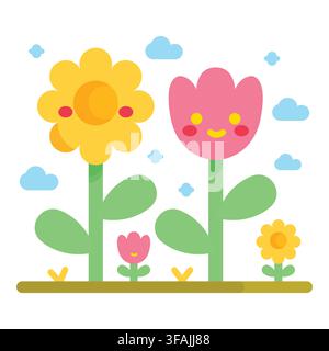 Cheerful, cute cartoon flowers with happy smiling faces growing outdoors under bright blue clouds on a green field. Stock Vector