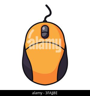 Ergonomic wired computer mouse designed with a bright orange body, black side grips, and a dark scroll wheel. Perfect for IT hardware websites, gaming Stock Vector