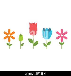 Row of colorful spring flowers including tulips and daisies in orange, pink, blue, and green hues. Designed for spring sale banners Stock Vector