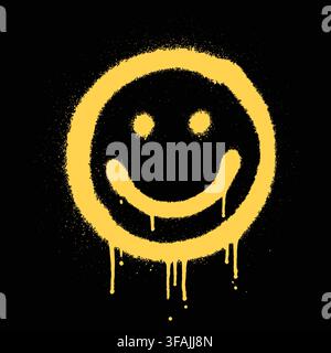 Yellow Spray Paint Smiley Face with Drips – Grunge Graffiti Happy Icon Stock Vector