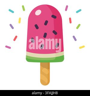 Refreshing pink and green watermelon ice cream popsicle on a wooden stick surrounded by colorful sprinkles. Great for summer party invitations Stock Vector