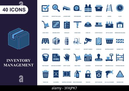 Blue inventory management icon collection. Stock Vector