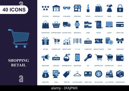 Collection of blue retail and shopping icons. Stock Vector