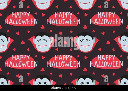 Seamless Pattern With Hand Lettering Happy Halloween And Vampire Portrait In Red Cape. Repeating Tile With Spooky Gothic Character Stock Vector
