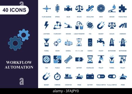 Blue industrial workflow automation icon set. Stock Vector
