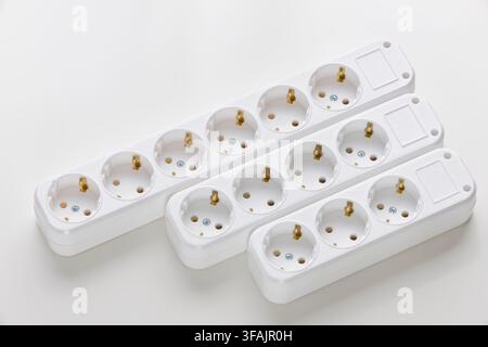 White Portable Electrical Socket Isolated on White Background, Modern Power Adapter and Extension Outlet for Home and Office Use Stock Photo