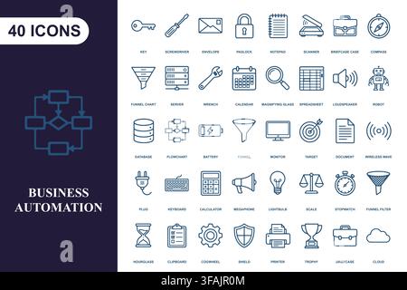 Business automation outline icon collection. Stock Vector