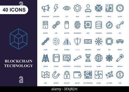 Set of 40 blockchain and technology icons. Stock Vector