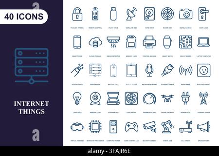 Collection of modern technology line icons. Stock Vector
