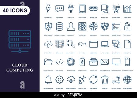 Set of 40 linear technology and cloud icons. Stock Vector