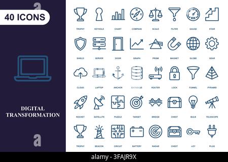 Collection of digital business line icons. Stock Vector