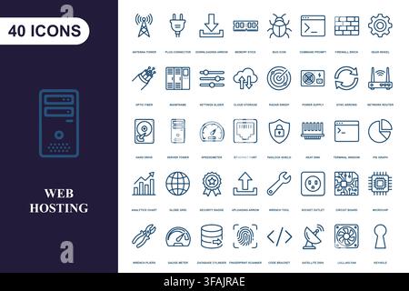 Set of web hosting and server technology icons. Stock Vector