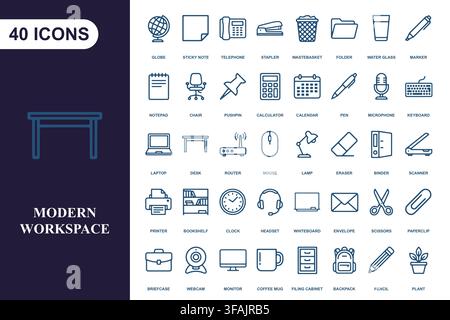 Collection of office and workspace line icons. Stock Vector