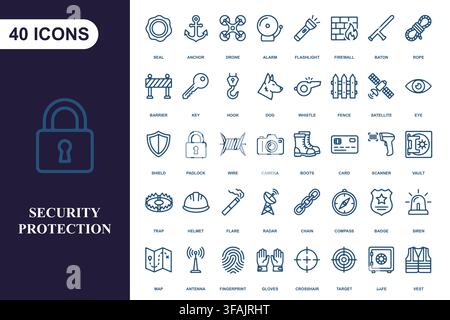 Collection of security and protection icons. Stock Vector
