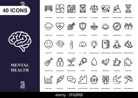A comprehensive collection of forty line art icons focused on mental health, wellness, and psychological balance. Stock Vector