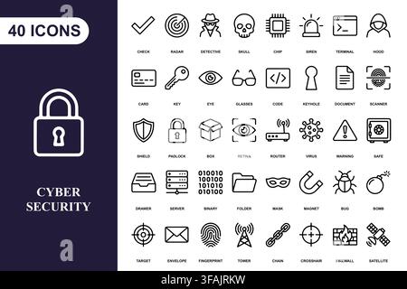 A comprehensive collection of forty linear icons representing cyber security, data protection, and digital safety. Stock Vector