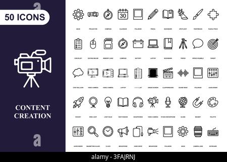 A comprehensive collection of fifty outline icons for media production, digital marketing, and creative projects. Stock Vector