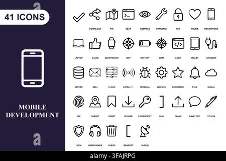 A comprehensive collection of outline icons for mobile app development and digital interface design. Stock Vector