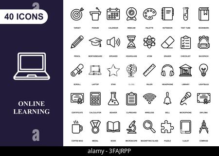 A comprehensive collection of forty linear education and online learning icons for academic and digital study projects. Stock Vector