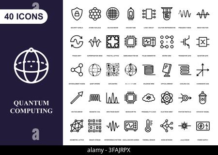 A collection of forty linear icons representing quantum computing, physics, and advanced digital technology concepts. Stock Vector