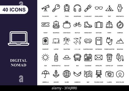 A comprehensive collection of forty linear icons representing travel, remote work, and digital nomad lifestyle. Stock Vector