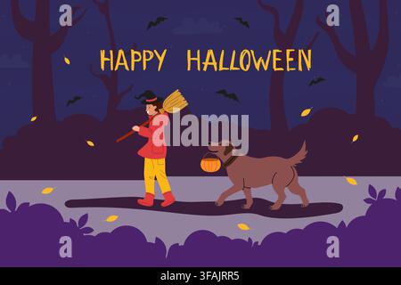 Happy Halloween Card. Child In Witch Costume With Broomstick And Dog Walking At Night Among Trees. Vector Spooky Forest Scene. Stock Vector