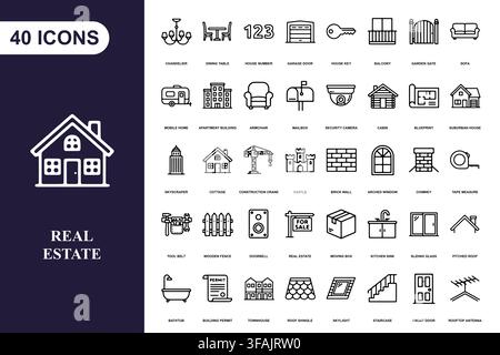 A comprehensive collection of forty linear icons representing real estate, housing, and interior design elements. Stock Vector