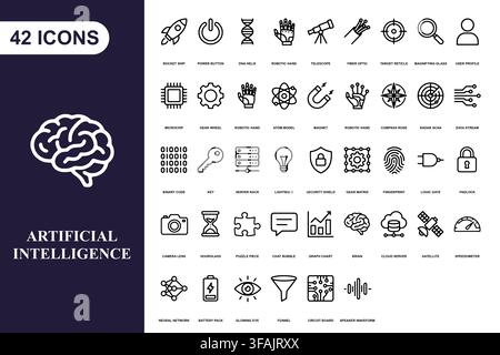 A comprehensive collection of line art icons representing artificial intelligence and modern technology concepts. Stock Vector