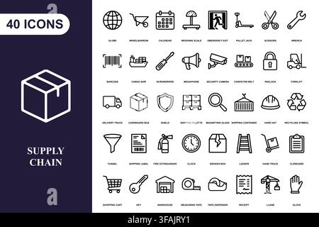 A comprehensive collection of line art icons for logistics, shipping, warehouse management, and supply chain operations. Stock Vector