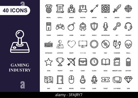 A comprehensive collection of forty linear gaming icons for digital interface design and creative projects. Stock Vector