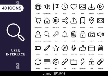 A collection of forty essential user interface line art icons for web and mobile application design projects. Stock Vector